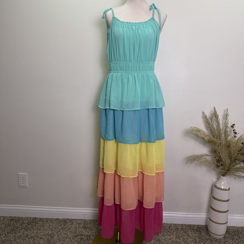 Flying Tomato Colorblock Tiered Chiffon Maxi Dress Rainbow Tie Shoulder 1X